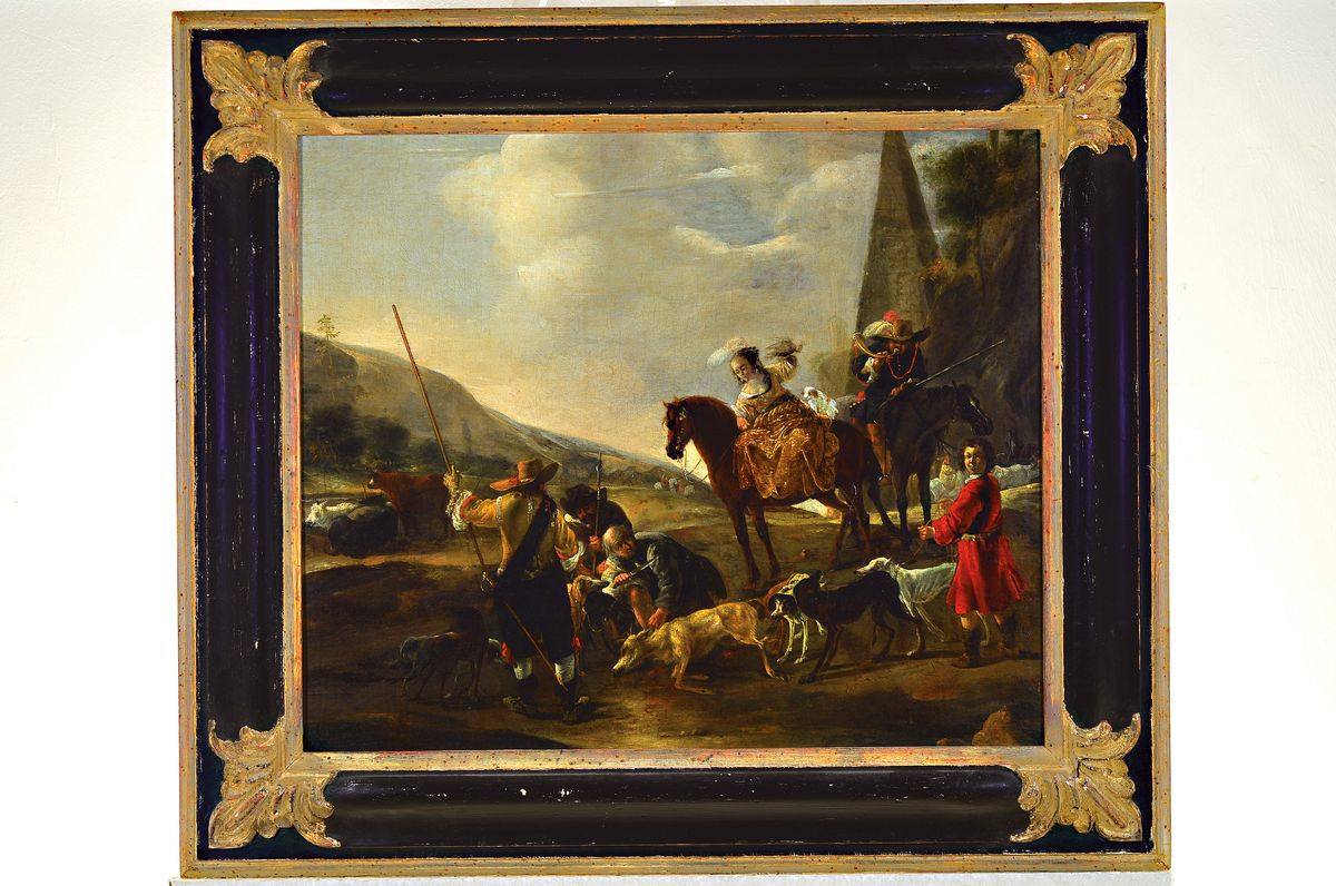Detail k: Barockgemälde, Zuschreibung: Jan Weenix (1642 -1719 Amsterdam), Jagdgesellschaft mit Beute, im Hintergrund abendliche Landschaft und Obelisk, ...
