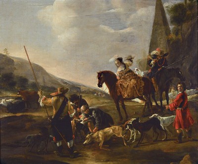 Image 26672735 - Baroque painting, Attribution: Jan Weenix (1642 -1719 Amsterdam), hunting party with prey, in the background evening landscape and obelisk, oil/canvas on wood panel relined, trimmed, restored, flat craquelure, labels on verso with restoration report of 1955, approx.51x61 cm, frame 68x76 cm
