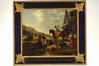 26672735k - Baroque painting, Attribution: Jan Weenix (1642 -1719 Amsterdam), hunting party with prey, in the background evening landscape and obelisk, oil/canvas on wood panel relined, trimmed, restored, flat craquelure, labels on verso with restoration report of 1955, approx.51x61 cm, frame 68x76 cm