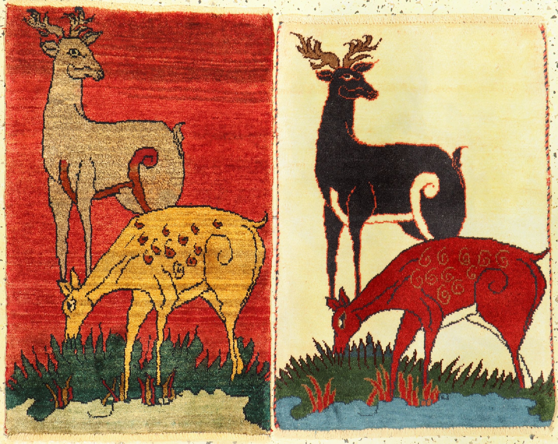 2 Lots Gabbeh alt, Persien, ca. 60 Jahre, Wolle auf Wolle, ca. 84 x 53 cm, EHZ: 2