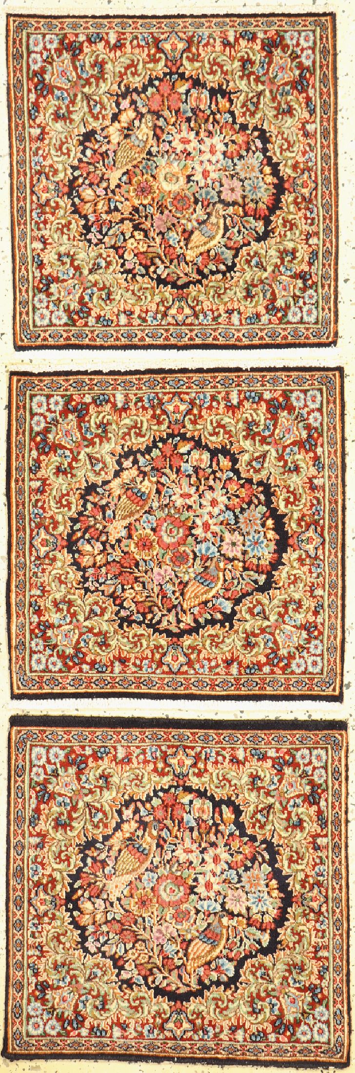 3 Lots Kerman fein, Persien, ca. 50 Jahre, Korkwolle auf Baumwolle, ca. 53 x 53 cm, EHZ: 2