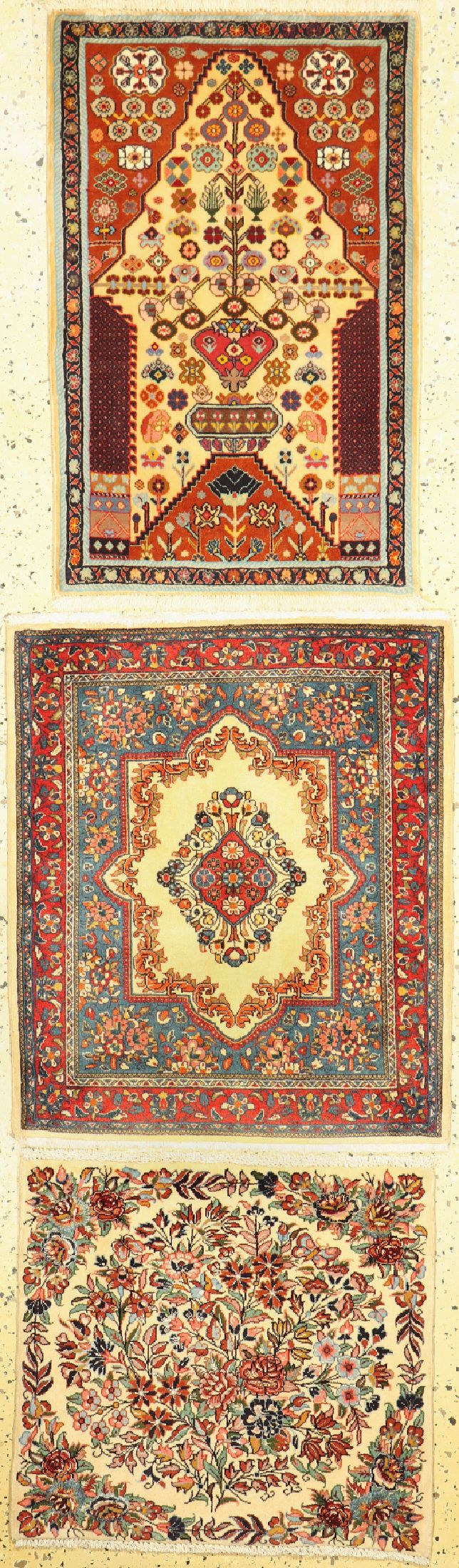 3 Lots feine Poshtis, Persien, ca. 40 Jahre, Korkwolle auf Baumwolle, ca. 85 x 65 cm, EHZ: 1-2