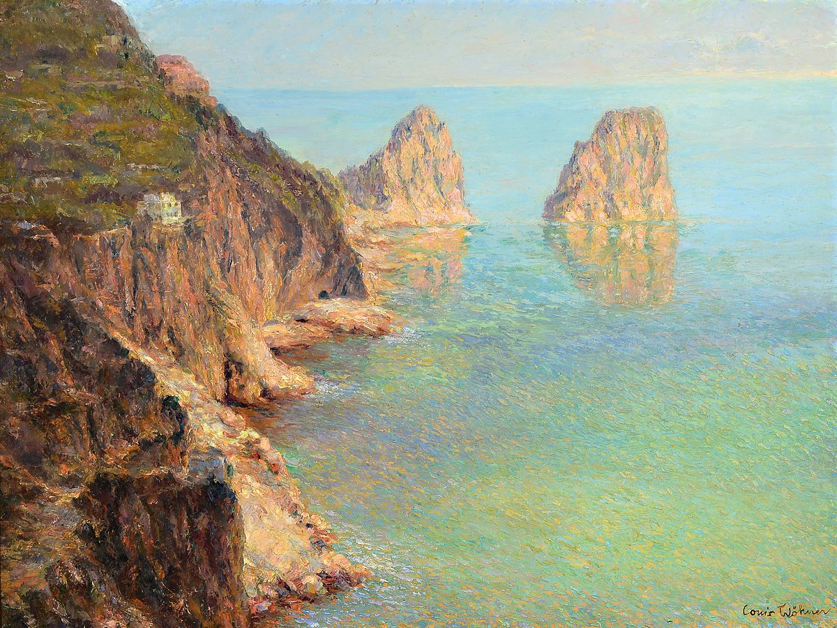Louis Wöhner, 1888 Coburg - 1958 München, Capri mit den Faraglioni-Klippen, spätimpressionistische Auffassung, gekonnte Schilderung des flirrenden ...