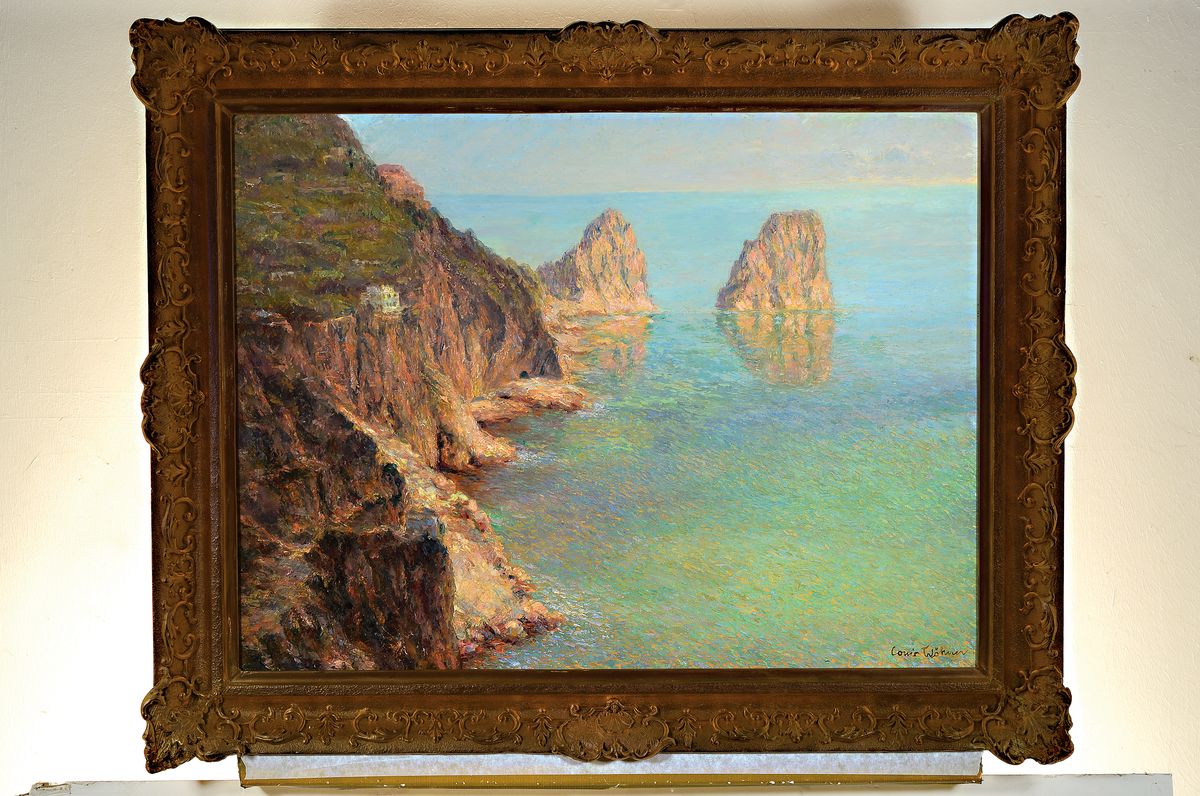 Detail k: Louis Wöhner, 1888 Coburg - 1958 München, Capri mit den Faraglioni-Klippen, spätimpressionistische Auffassung, gekonnte Schilderung des flirrenden ...