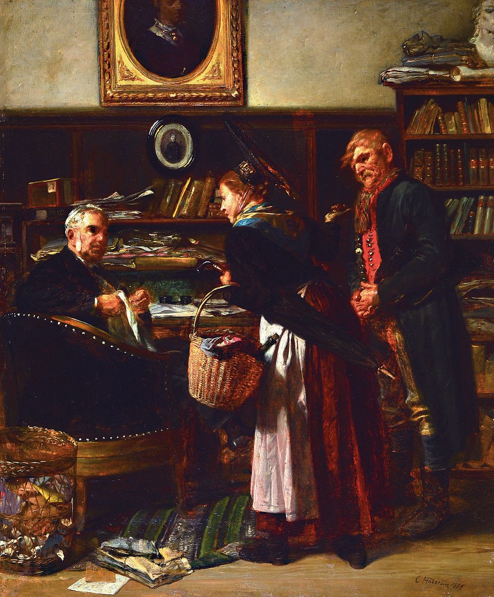 Carl von Häberlin, 1832 Oberesslingen-1911 Stuttgart, Verhandlung beim Notar, süddeutsches Ehepaar trägt sein Anliegen vor, detailreich und ...