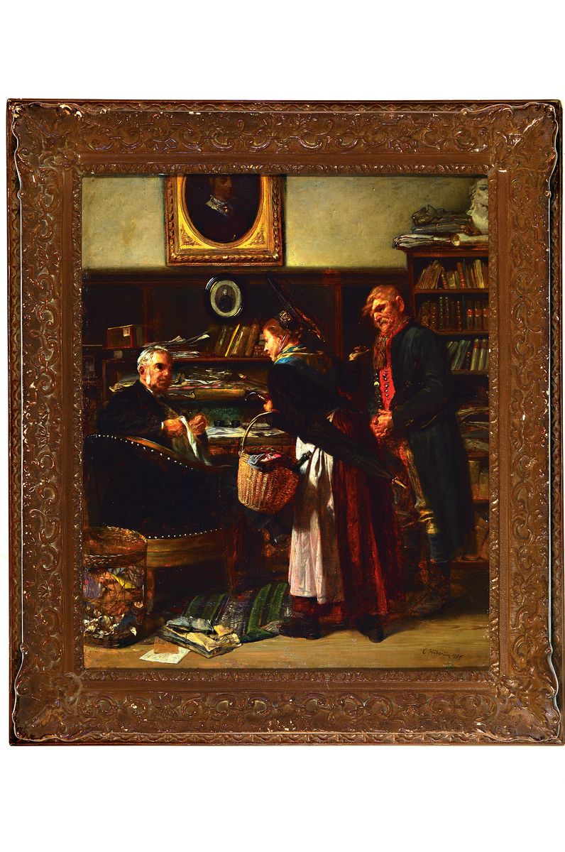 Detail k: Carl von Häberlin, 1832 Oberesslingen-1911 Stuttgart, Verhandlung beim Notar, süddeutsches Ehepaar trägt sein Anliegen vor, detailreich und ...