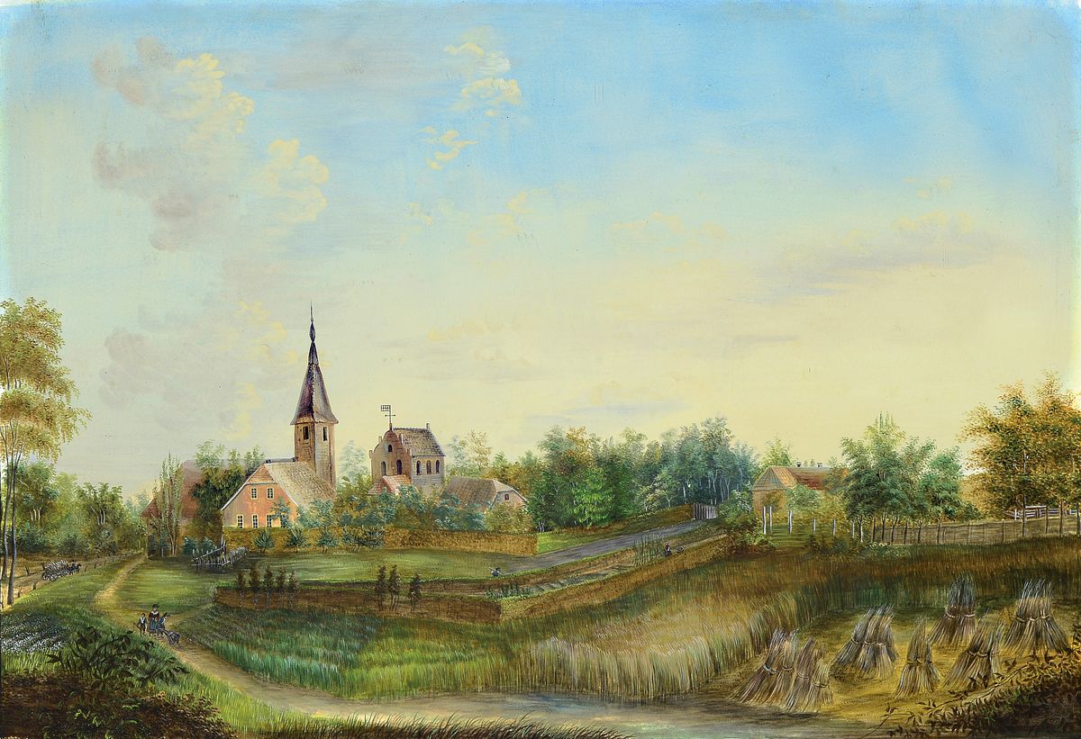 Biedermeier-Ansicht, erste Hälfte 19. Jh., Dorfansicht mit Feld und Personenstaffage, Aquarell/Papier, unsigniert, ca. 28 x 40 cm, unter Glas ...