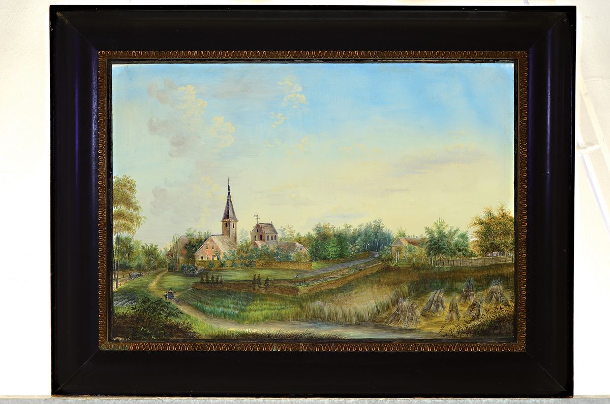 Detail k: Biedermeier-Ansicht, erste Hälfte 19. Jh., Dorfansicht mit Feld und Personenstaffage, Aquarell/Papier, unsigniert, ca. 28 x 40 cm, unter Glas ...