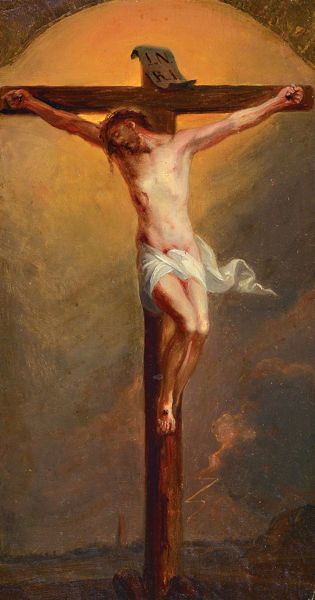 Heiligenbild, 2. Hälfte 19. Jahrhundert, Christus am Kreuz, blattvergoldeter Rundbogenabschluss, unsigniert, ca. ca. 40 x 22 cm, breiter vergoldeter ...