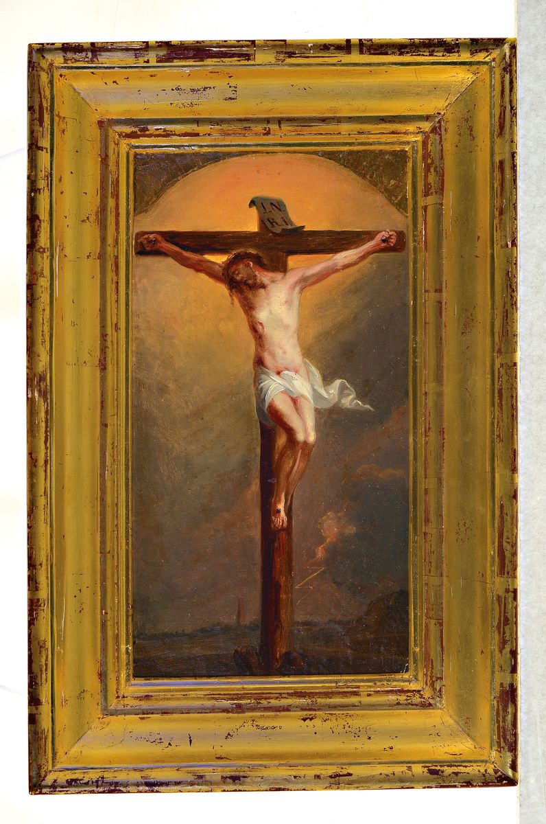 Detail k: Heiligenbild, 2. Hälfte 19. Jahrhundert, Christus am Kreuz, blattvergoldeter Rundbogenabschluss, unsigniert, ca. ca. 40 x 22 cm, breiter vergoldeter ...