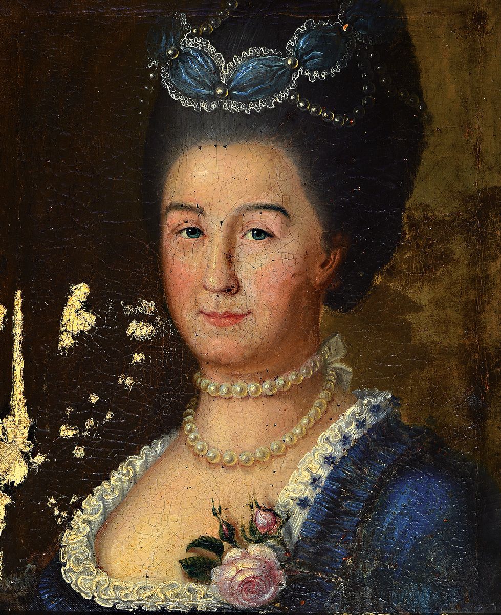 Unbekannter Porträtmaler, 18. Jh., Adelspaar, wohl Carl Eugen von Württemberg und Gattin, Öl/Lwd, beschädigt bzw. stark krakeliert Frauenporträt ...