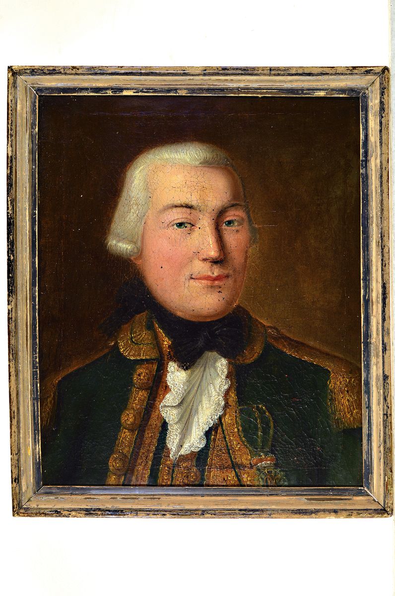 Detail l: Unbekannter Porträtmaler, 18. Jh., Adelspaar, wohl Carl Eugen von Württemberg und Gattin, Öl/Lwd, beschädigt bzw. stark krakeliert Frauenporträt ...
