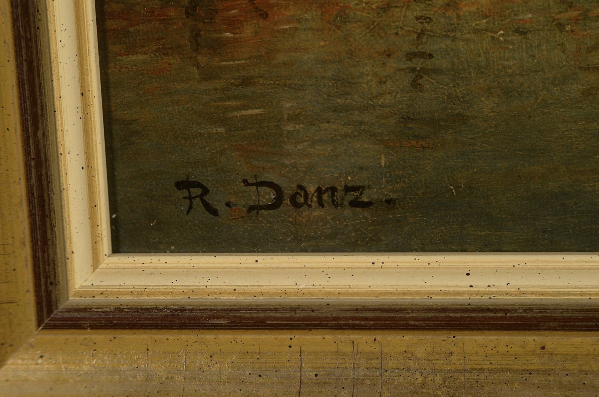 Detail a: Robert Danz, 1841 Oberweißbach-1916 Bad Kreuznach, Studium an der Akademie Weimar, hier: Hafenansicht mit Bergen im Hintergrund, Öl/Lwd, rest., ...