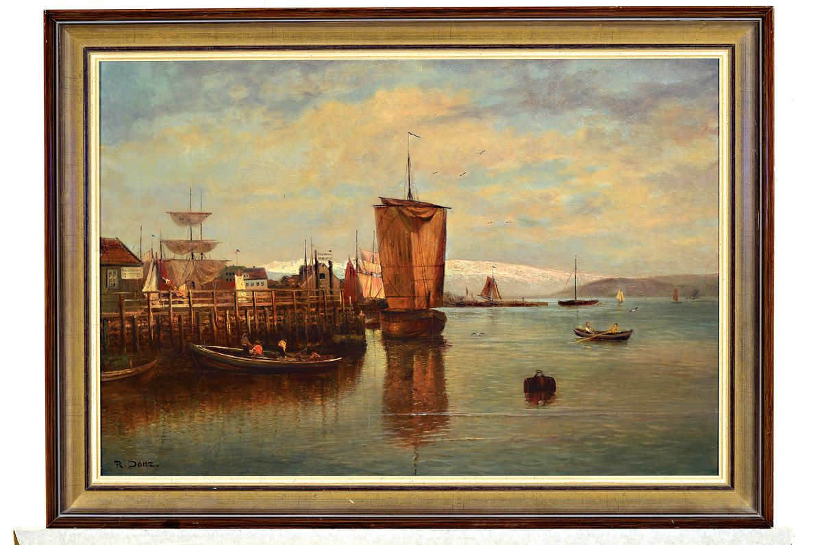 Detail k: Robert Danz, 1841 Oberweißbach-1916 Bad Kreuznach, Studium an der Akademie Weimar, hier: Hafenansicht mit Bergen im Hintergrund, Öl/Lwd, rest., ...