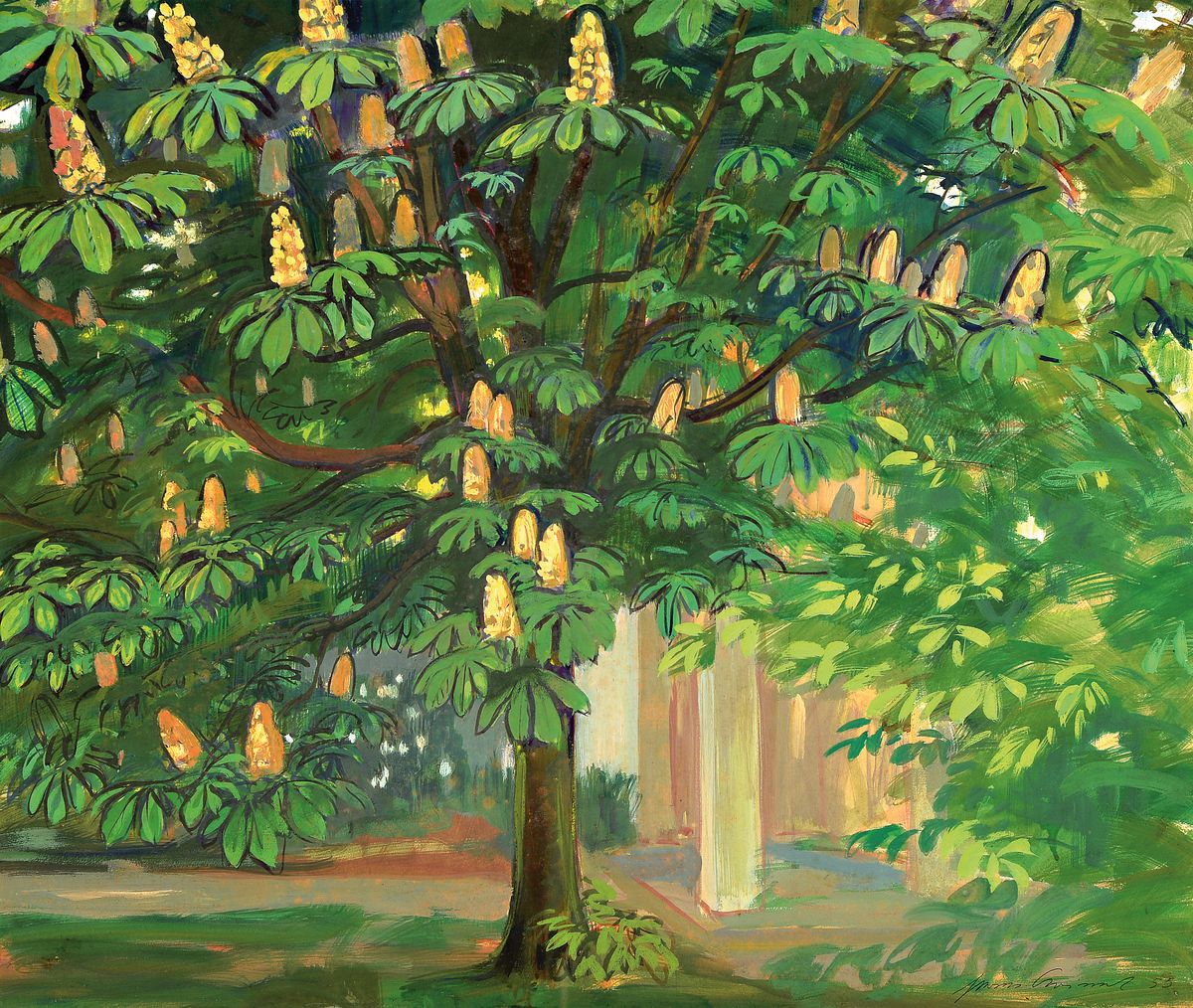 Hermann Croissant, 1897-1963 Landau, Blühender Kastanienbaum, Gouache auf Papier, rechts unten signiert und dat. 53, ca. 62x74 cm, u.Gl., R. ca. ...