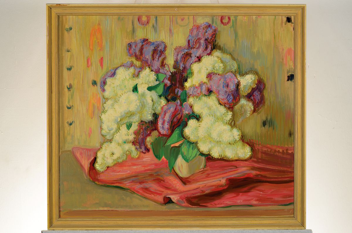 Detail k: Hermann Croissant, 1897-1963 Landau, Stillleben mit weißem und violettem Flieder, Öl/Hartfaserplatte, unsigniert, rückseitig mit Nachlaßstempel, ...