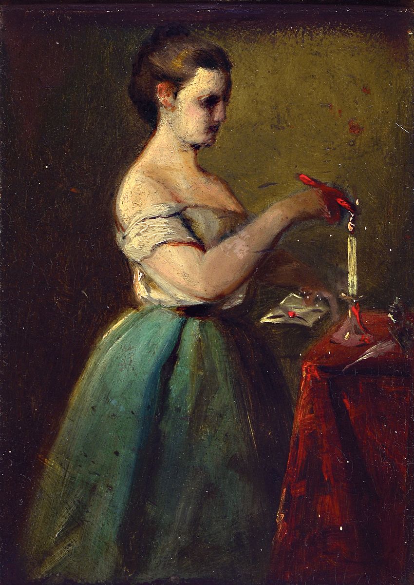 Zuschreibung: Thomas Couture, 1815 Senlis-1879 Villiers-le-Bel., Junge Frau beim versiegeln eines Briefes, Öl/Malkarton, ca. 22x14cm, unterer Teil ...