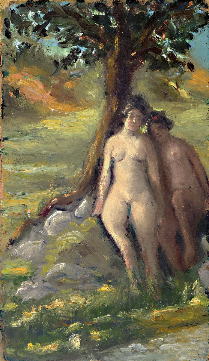 Zuschreibung: Paul Wilhelm Keller-Reutlingen, 1854 Reutlingen-1920 München, zwei Akte unter einem Baum am Ufer eines Baches, Öl/Malkarton, ...