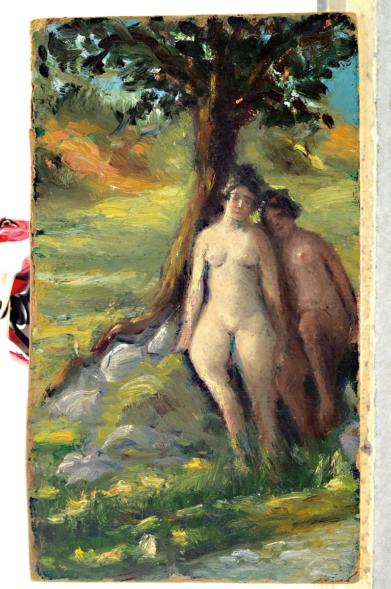 Detail k: Zuschreibung: Paul Wilhelm Keller-Reutlingen, 1854 Reutlingen-1920 München, zwei Akte unter einem Baum am Ufer eines Baches, Öl/Malkarton, ...