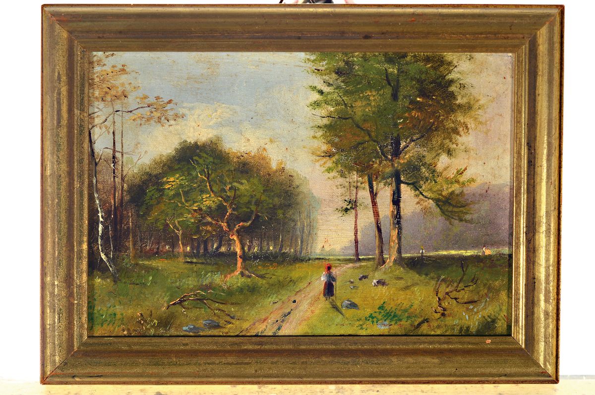 Detail k: Unbekannter Künstler, wohl Niederlande, um 1900, Frau auf einem Feldweg, Öl/Malkarton, ca. 13.5x19cm, R.