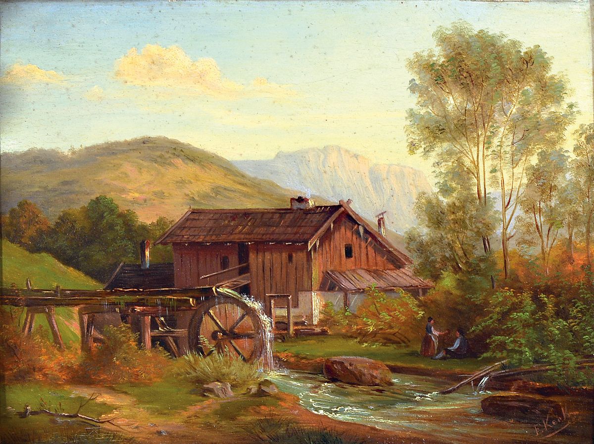 Elise Kerk, Malerin der 2. Hälfte des 19. Jh., Landschaft mit Wassermühle, Öl/ Malkarton, rechts unten signiert, ca. 18x24cm, aufwändiger ...