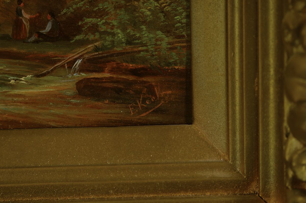Detail a: Elise Kerk, Malerin der 2. Hälfte des 19. Jh., Landschaft mit Wassermühle, Öl/ Malkarton, rechts unten signiert, ca. 18x24cm, aufwändiger ...