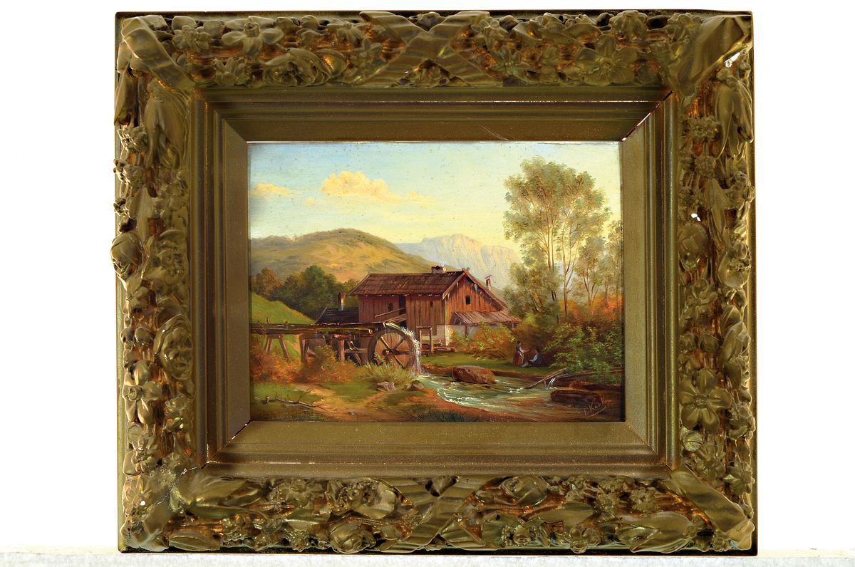 Detail k: Elise Kerk, Malerin der 2. Hälfte des 19. Jh., Landschaft mit Wassermühle, Öl/ Malkarton, rechts unten signiert, ca. 18x24cm, aufwändiger ...