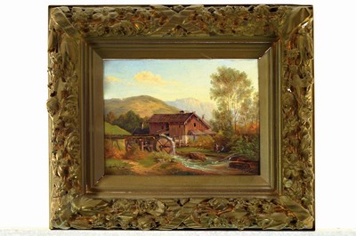26675466k - Elise Kerk, painter of the 2nd half of the 19th century, landscape with watermill, oil/painting cardboard, signed lower right, approx. 18x24cm, elaborate stucco frame slightly damaged approx. 33x39cm