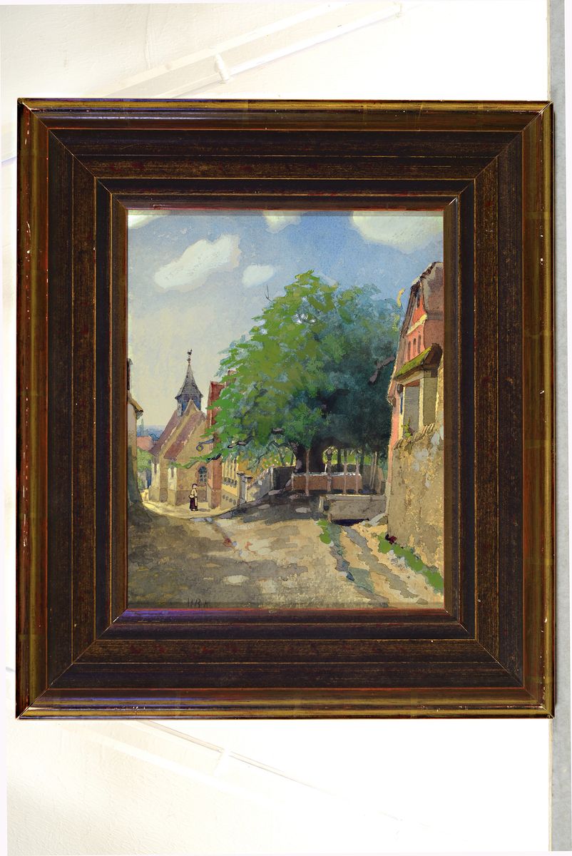 Detail k: Heinrich Reinhard Kröh, 1841-1941 Darmstadt,Aquarell, Dorfkirche in Seeheim-Malchen, linksunten monogrammiert H.R.K., ca. 31x25 cm, unter Glas ...