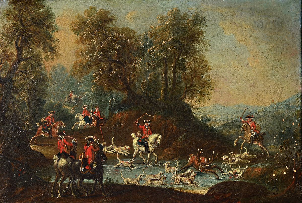 Zuschreibung: Johann Tobias Sonntag, 1716 -1774, Jagdmaler am Darmstädter Hof, Parforcejagd auf einen Hirsch, Jägergruppe stellt einen Hirsch in ...