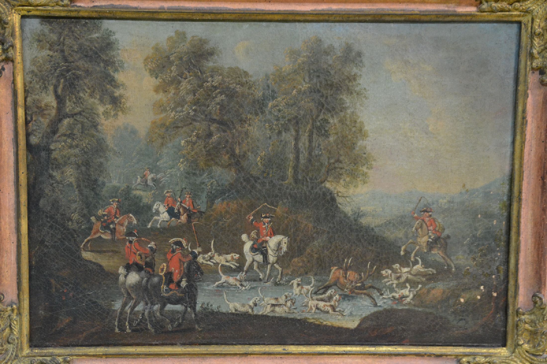Detail b: Zuschreibung: Johann Tobias Sonntag, 1716 -1774, Jagdmaler am Darmstädter Hof, Parforcejagd auf einen Hirsch, Jägergruppe stellt einen Hirsch in ...