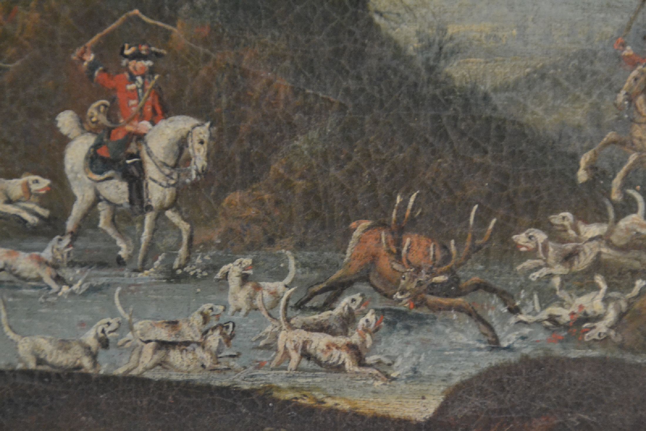 Detail c: Zuschreibung: Johann Tobias Sonntag, 1716 -1774, Jagdmaler am Darmstädter Hof, Parforcejagd auf einen Hirsch, Jägergruppe stellt einen Hirsch in ...