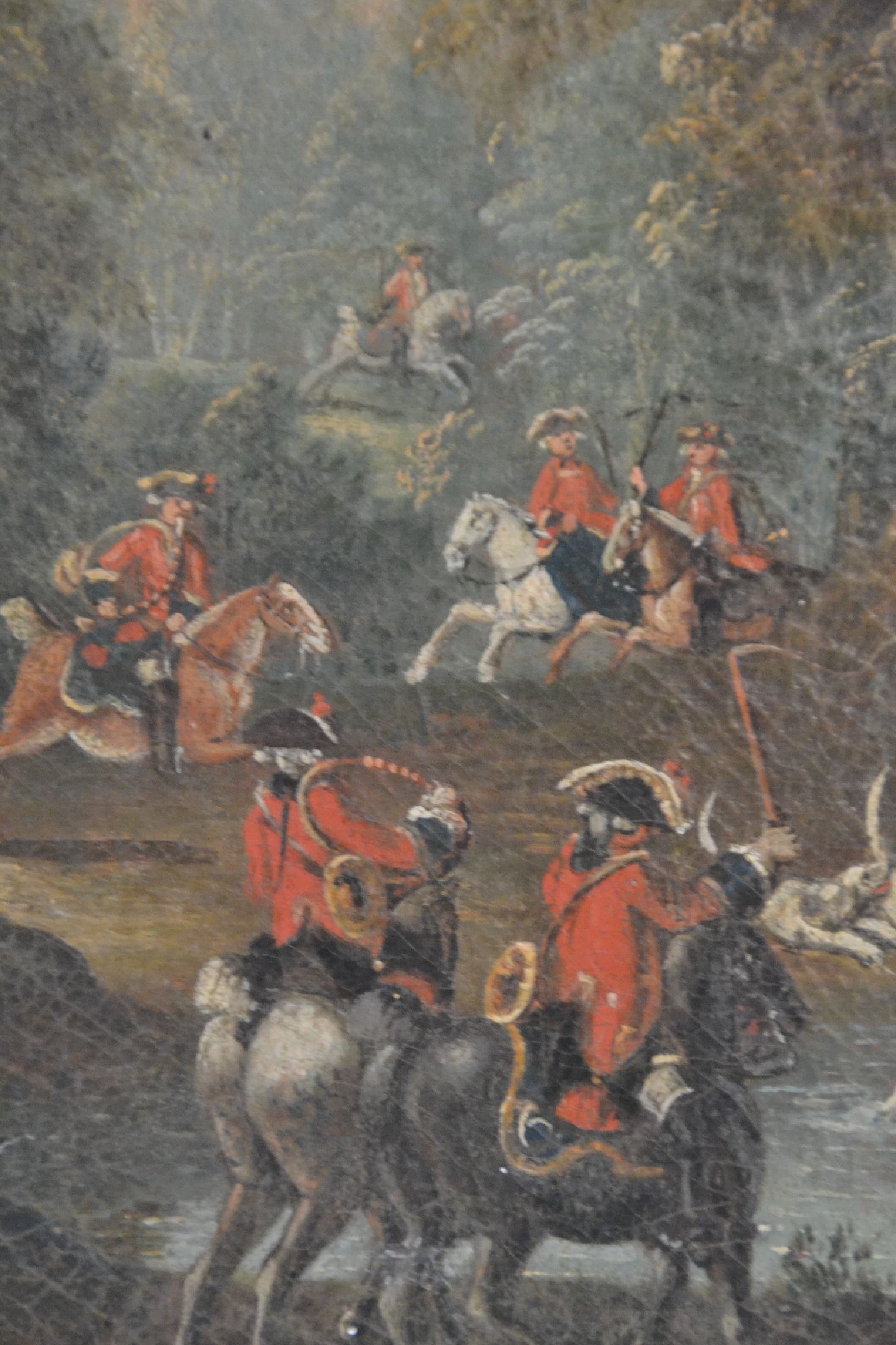 Detail d: Zuschreibung: Johann Tobias Sonntag, 1716 -1774, Jagdmaler am Darmstädter Hof, Parforcejagd auf einen Hirsch, Jägergruppe stellt einen Hirsch in ...