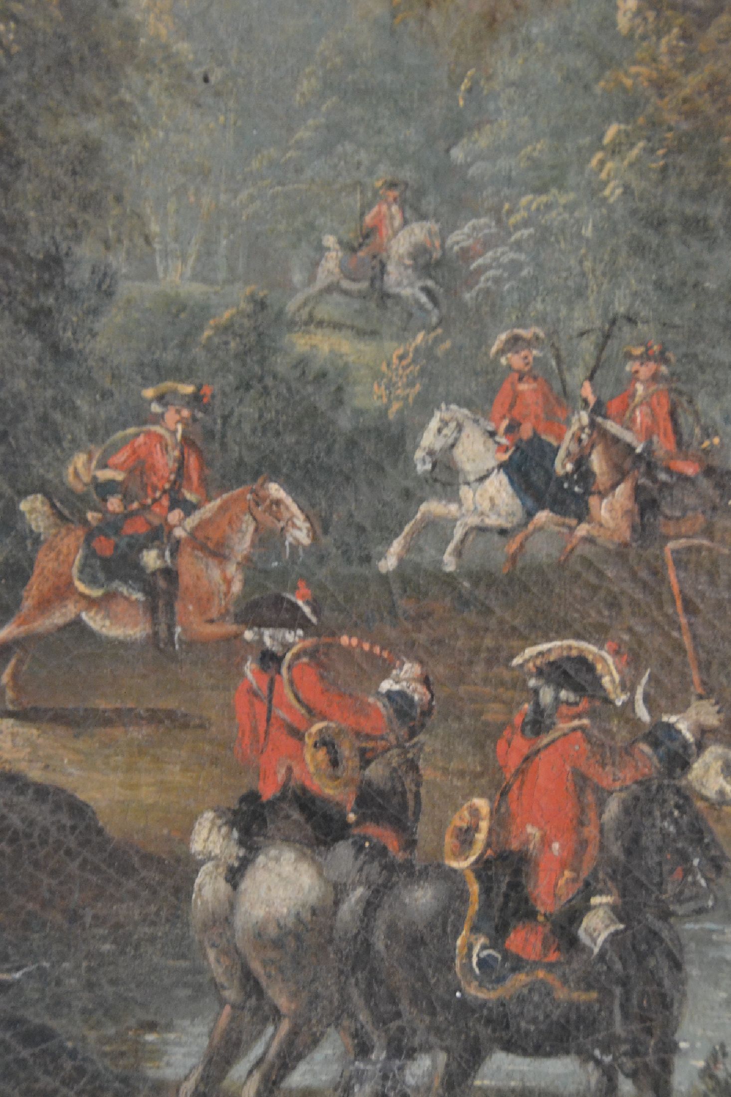 Detail e: Zuschreibung: Johann Tobias Sonntag, 1716 -1774, Jagdmaler am Darmstädter Hof, Parforcejagd auf einen Hirsch, Jägergruppe stellt einen Hirsch in ...