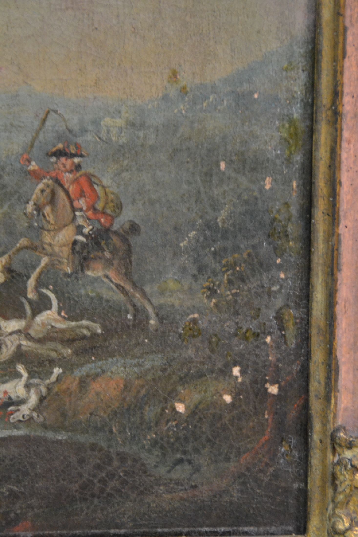 Detail f: Zuschreibung: Johann Tobias Sonntag, 1716 -1774, Jagdmaler am Darmstädter Hof, Parforcejagd auf einen Hirsch, Jägergruppe stellt einen Hirsch in ...