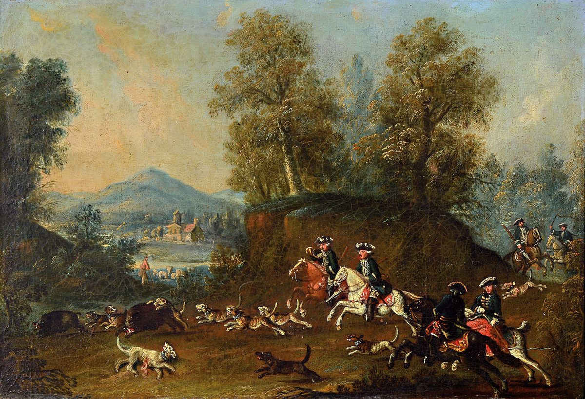 Zuschreibung: Johann Tobias Sonntag, 1716-1774 Darmstadt, Jagdmaler am Darmstädter Hof, Parforcejagd auf Wildschweine, Verfolgung zweier ...