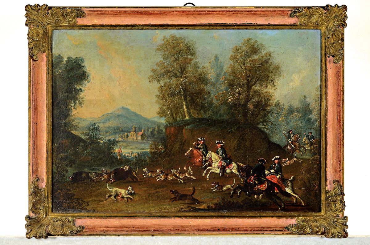 Detail k: Zuschreibung: Johann Tobias Sonntag, 1716-1774 Darmstadt, Jagdmaler am Darmstädter Hof, Parforcejagd auf Wildschweine, Verfolgung zweier ...