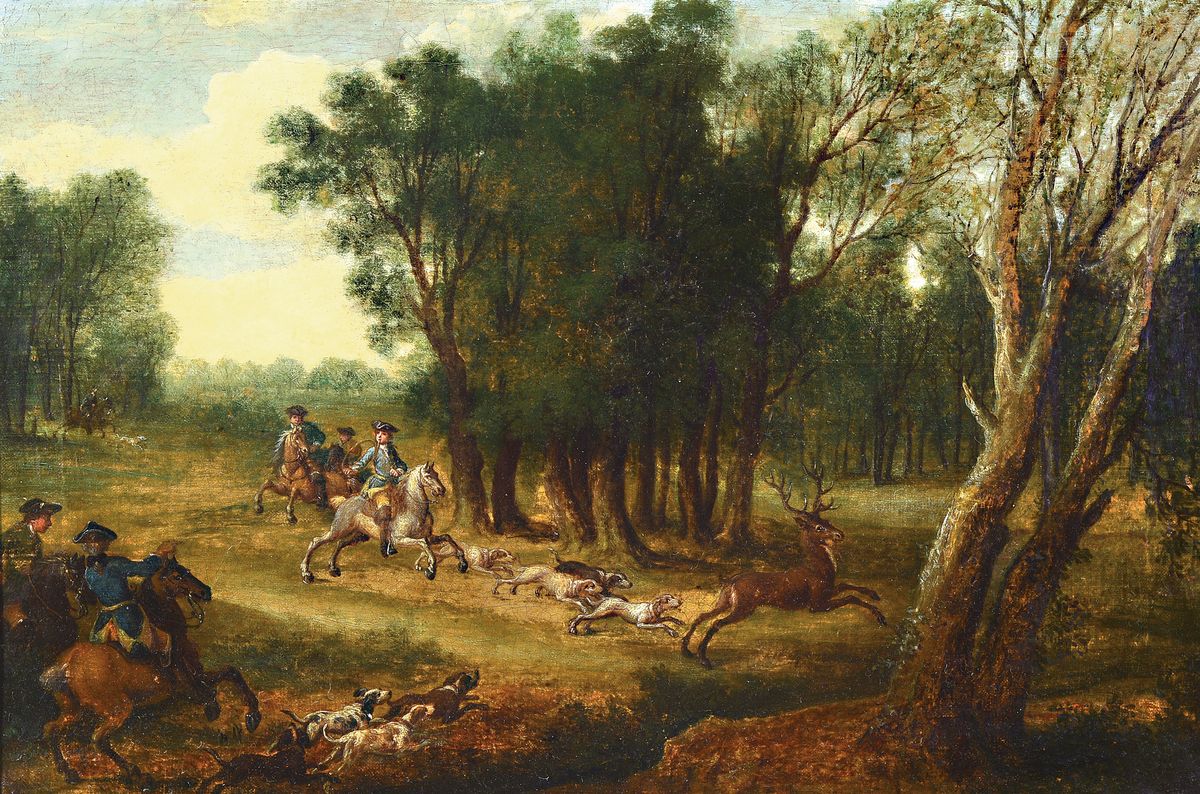 Zuschreibung: Johann Tobias Sonntag, 1716-1774 Darmstadt, ebene Landschaft mit Parforcejagd auf einen Hirsch, Öl/Lwd, restauriert, doubliert, verso ...