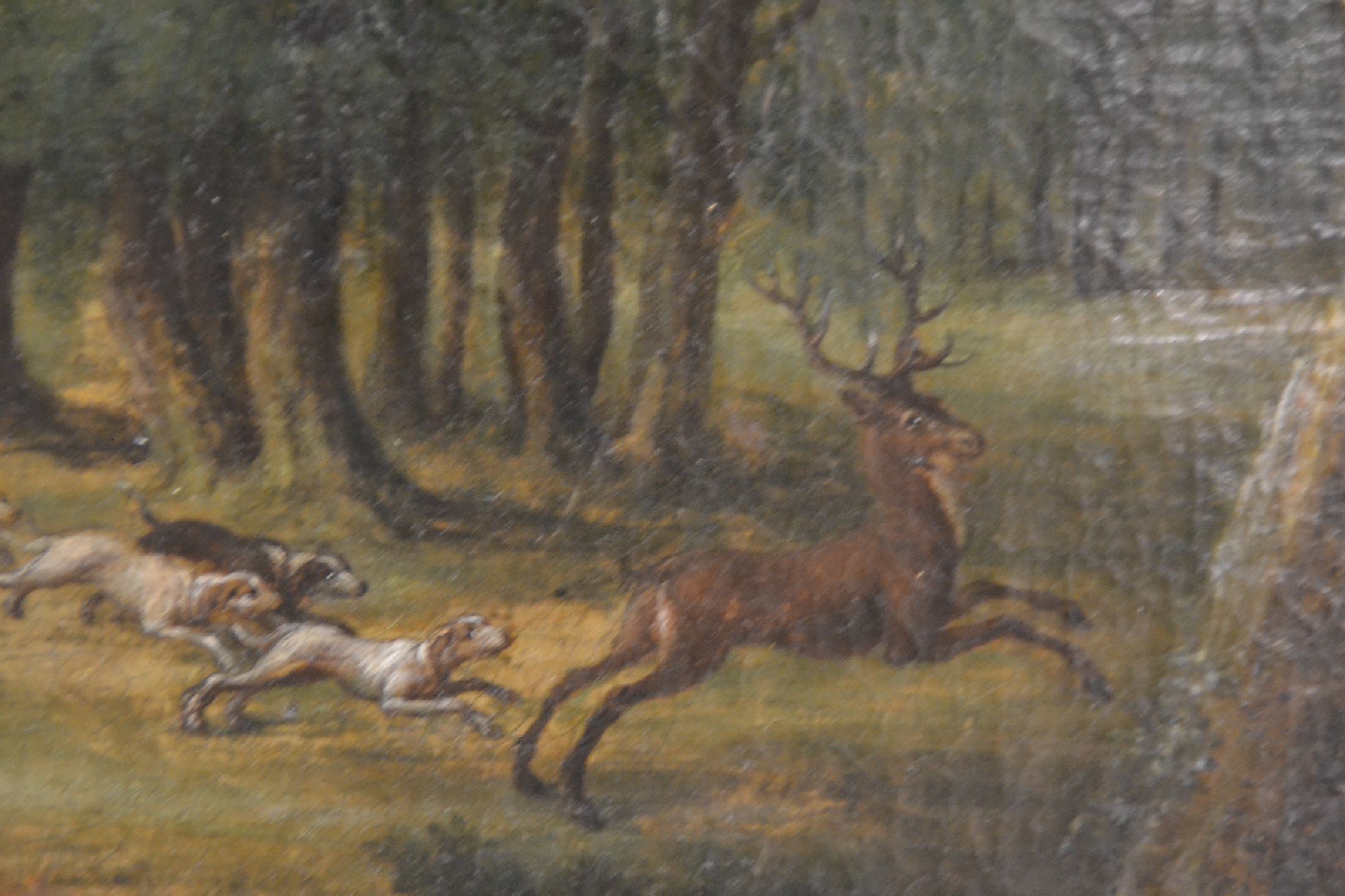 Detail c: Zuschreibung: Johann Tobias Sonntag, 1716-1774 Darmstadt, ebene Landschaft mit Parforcejagd auf einen Hirsch, Öl/Lwd, restauriert, doubliert, verso ...