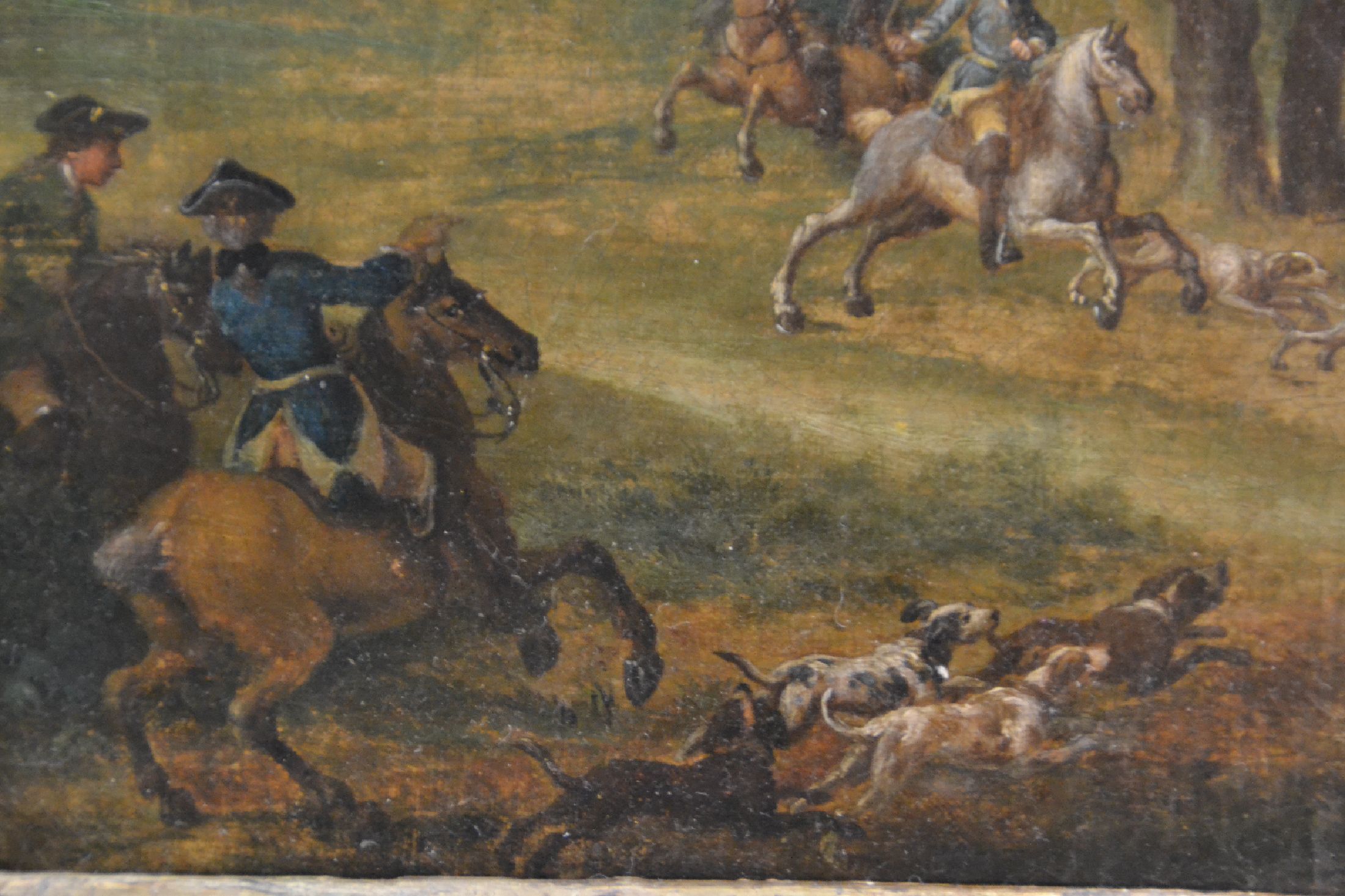 Detail d: Zuschreibung: Johann Tobias Sonntag, 1716-1774 Darmstadt, ebene Landschaft mit Parforcejagd auf einen Hirsch, Öl/Lwd, restauriert, doubliert, verso ...