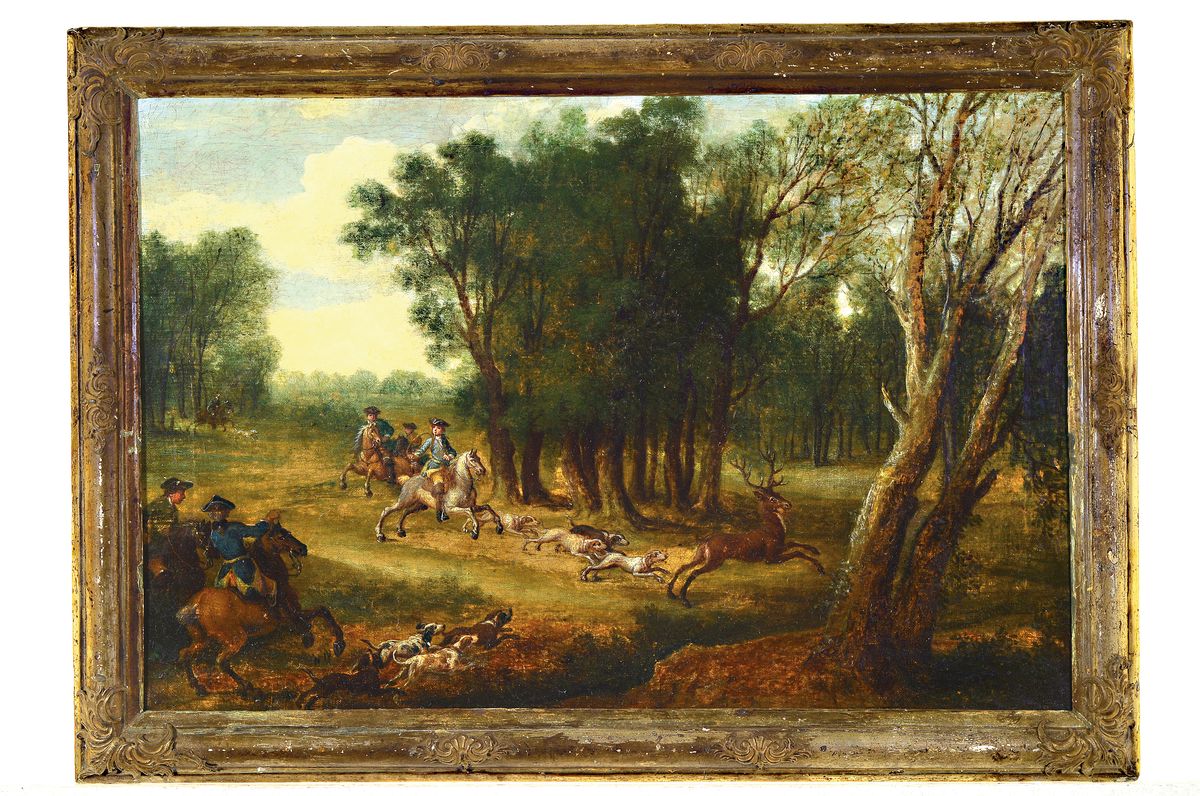 Detail k: Zuschreibung: Johann Tobias Sonntag, 1716-1774 Darmstadt, ebene Landschaft mit Parforcejagd auf einen Hirsch, Öl/Lwd, restauriert, doubliert, verso ...