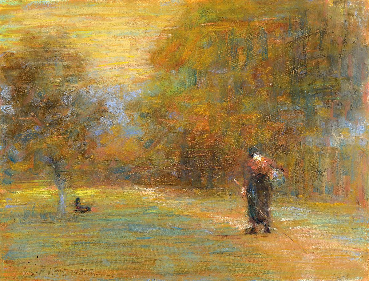 Josef Futterer, 1871 Mondfeld-1930 München, Pastell/Karton, Wanderin am Wegesrand, impressiver Duktus, links unten signiert, unter Glas gerahmt, ...