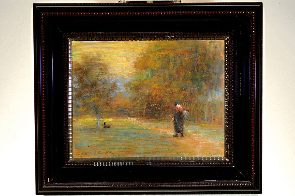 Detail k: Josef Futterer, 1871 Mondfeld-1930 München, Pastell/Karton, Wanderin am Wegesrand, impressiver Duktus, links unten signiert, unter Glas gerahmt, ...