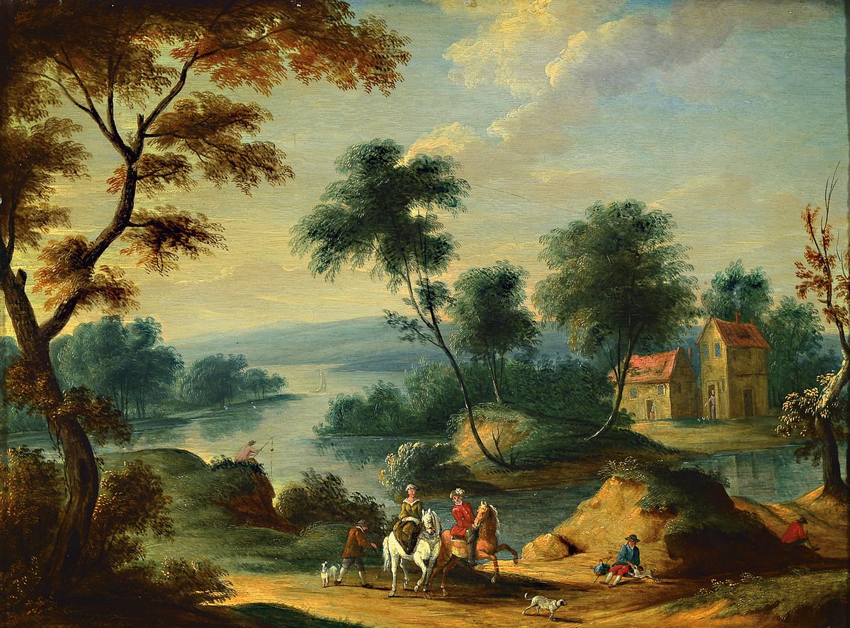 Unbekannter Künstler des 18.Jh., Flusslandschaft mit Figurenstaffage, Reitergruppe, rechtes Drittel mit Ausblick auf zwei Häuser, Öl/Holzplatte, ...