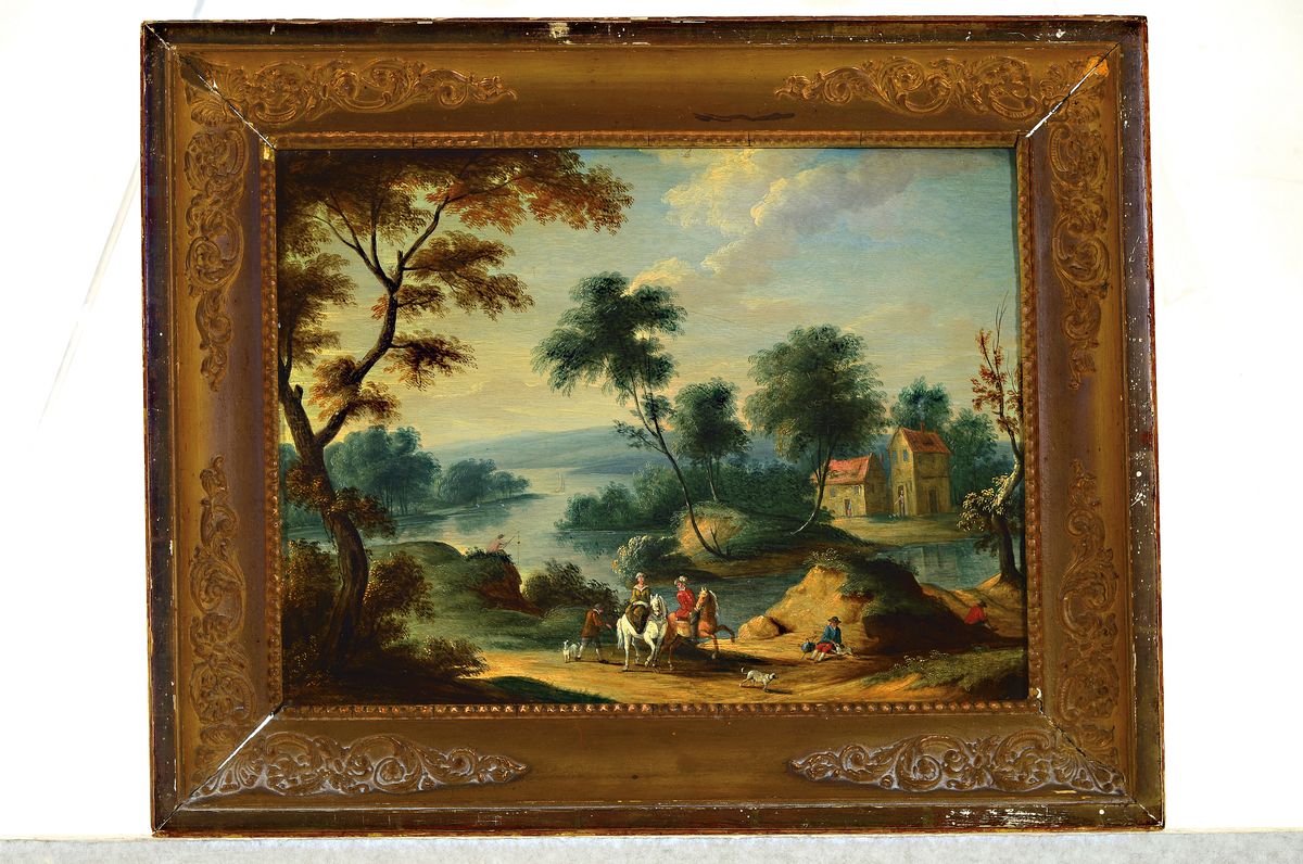Detail k: Unbekannter Künstler des 18.Jh., Flusslandschaft mit Figurenstaffage, Reitergruppe, rechtes Drittel mit Ausblick auf zwei Häuser, Öl/Holzplatte, ...