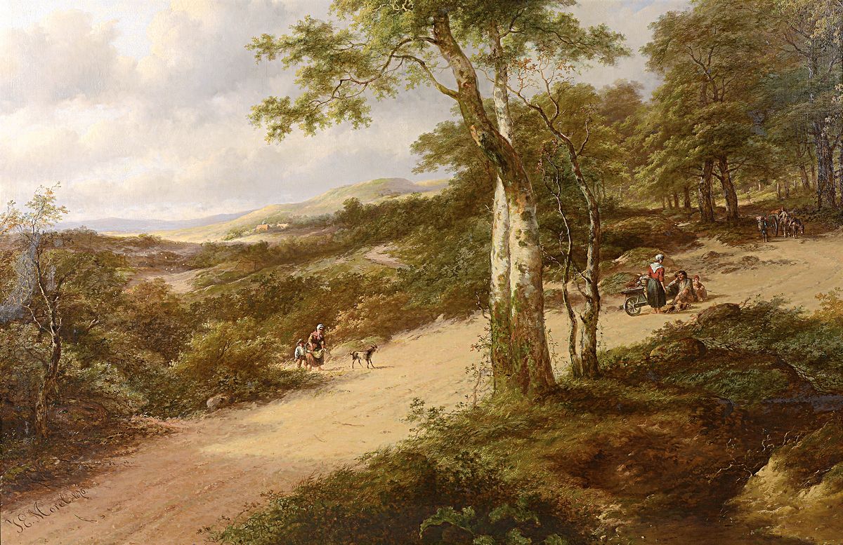 Jan Evert Morel II, 1835 Amsterdam-1905 Weesp, große spätromantische Landschaft, mehrere Gruppen von Staffagefiguren, Öl/Lwd, links unten signiert ...