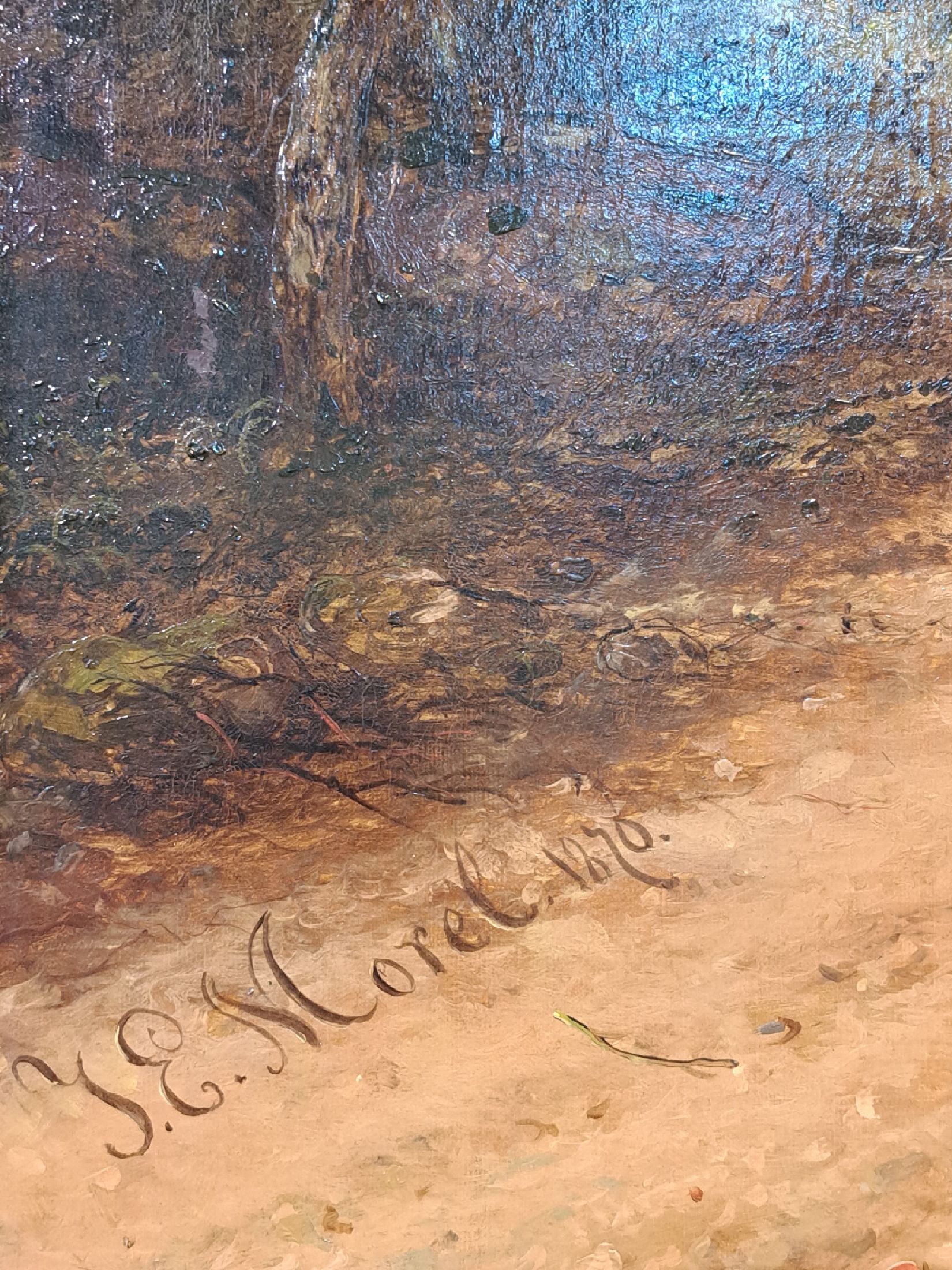 Detail b: Jan Evert Morel II, 1835 Amsterdam-1905 Weesp, große spätromantische Landschaft, mehrere Gruppen von Staffagefiguren, Öl/Lwd, links unten signiert ...