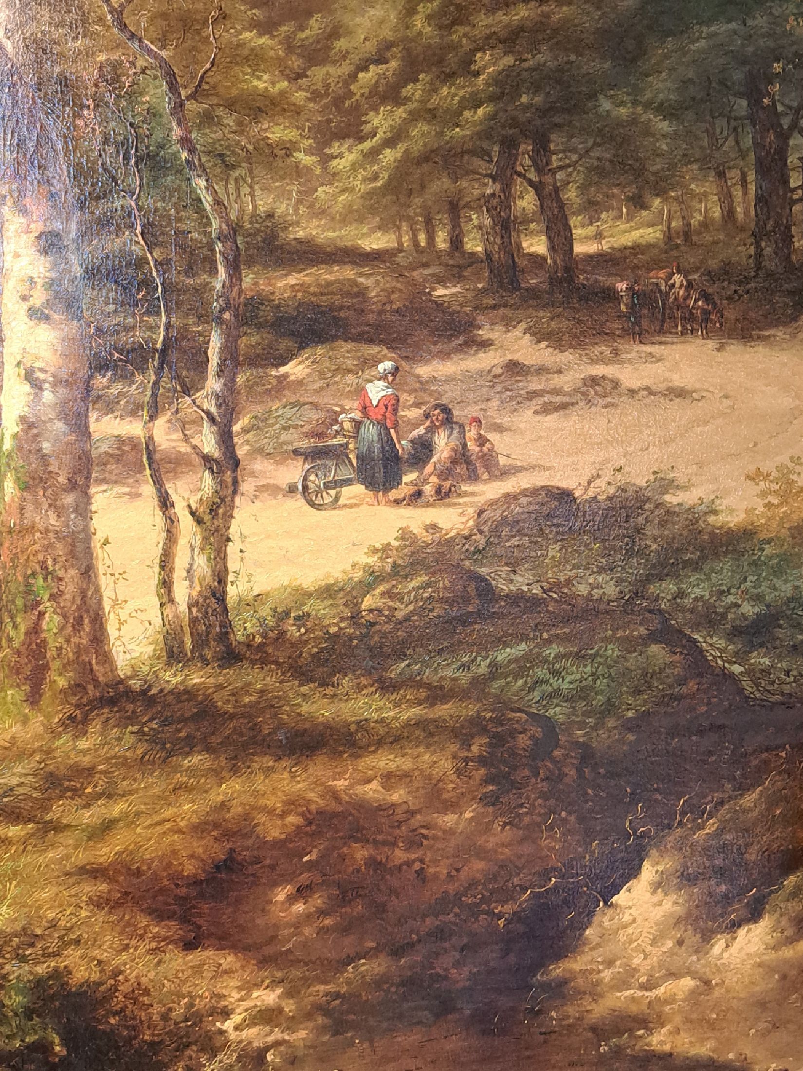 Detail c: Jan Evert Morel II, 1835 Amsterdam-1905 Weesp, große spätromantische Landschaft, mehrere Gruppen von Staffagefiguren, Öl/Lwd, links unten signiert ...