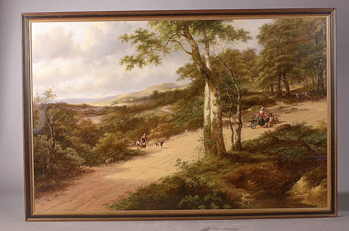 Detail k: Jan Evert Morel II, 1835 Amsterdam-1905 Weesp, große spätromantische Landschaft, mehrere Gruppen von Staffagefiguren, Öl/Lwd, links unten signiert ...