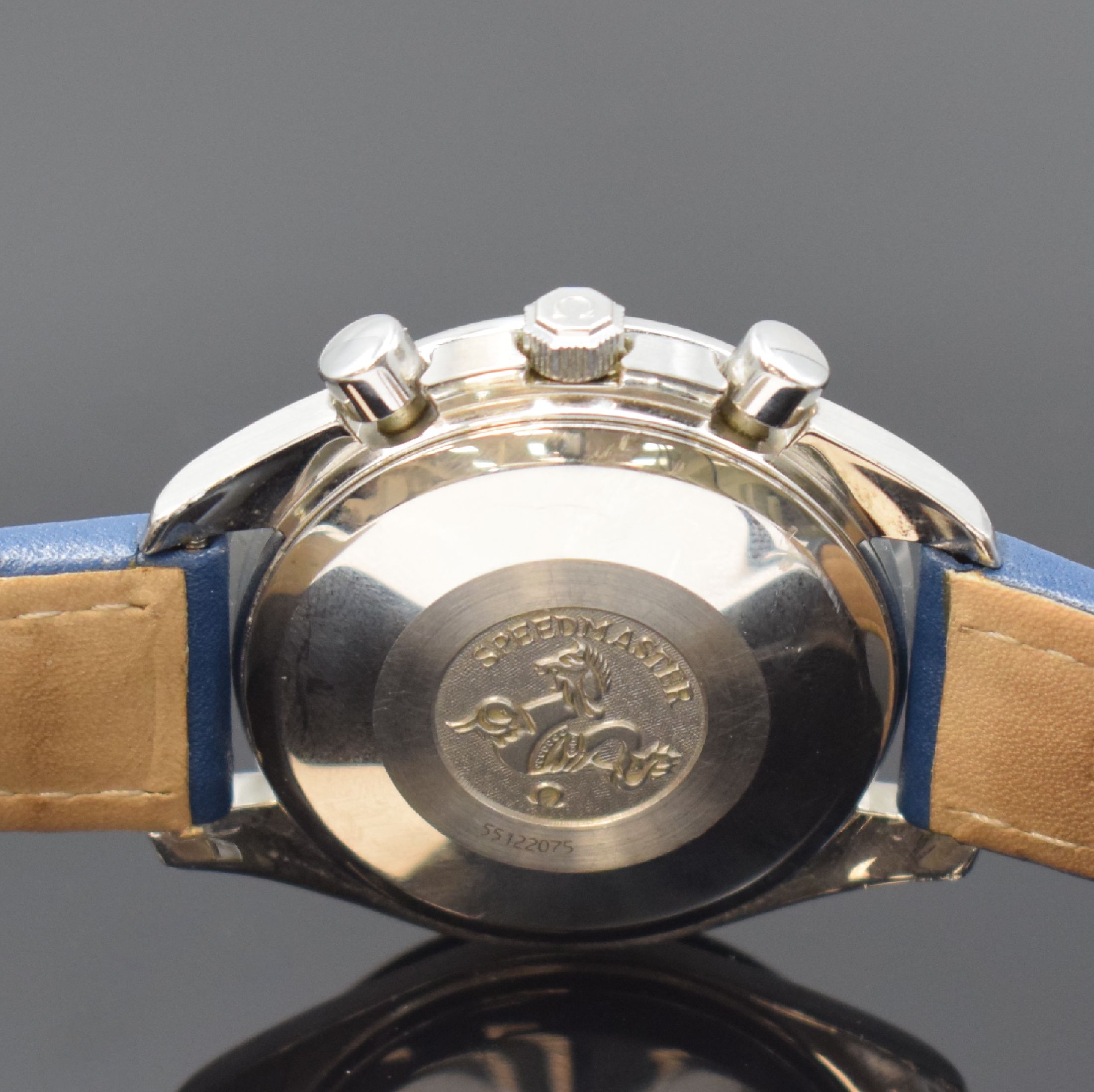 Detail c: OMEGA Speedmaster Armbandchronograph in Stahl Referenz 175.0043, Schweiz um 1995, Automatik, Boden aufgedr., Lünette m. Tachymeterskala, blaues ...